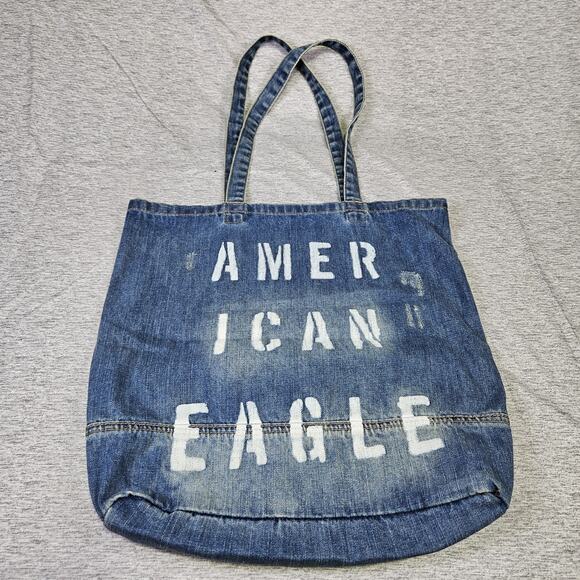 American Eagle Denim Tote Bag Blue AEO Jean Large Distressed Patch Cottage Logo - Picture 2 of 16
